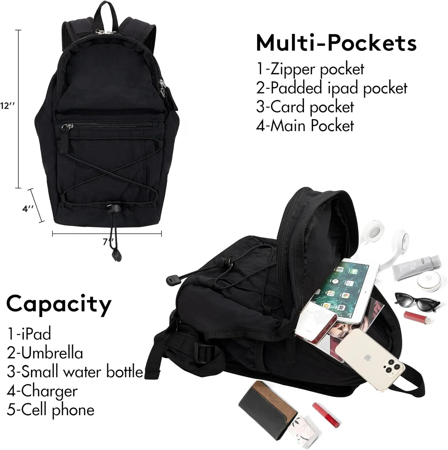 Tilami Mini Backpack for Women and Men, 12inch Casual Daypack Backpacks for Travel,Black