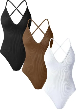 TOB Women's 3 Piece Bodysuits Sexy Ribbed V Neck Adjustable Spaghetti Strips Tops Bodysuits