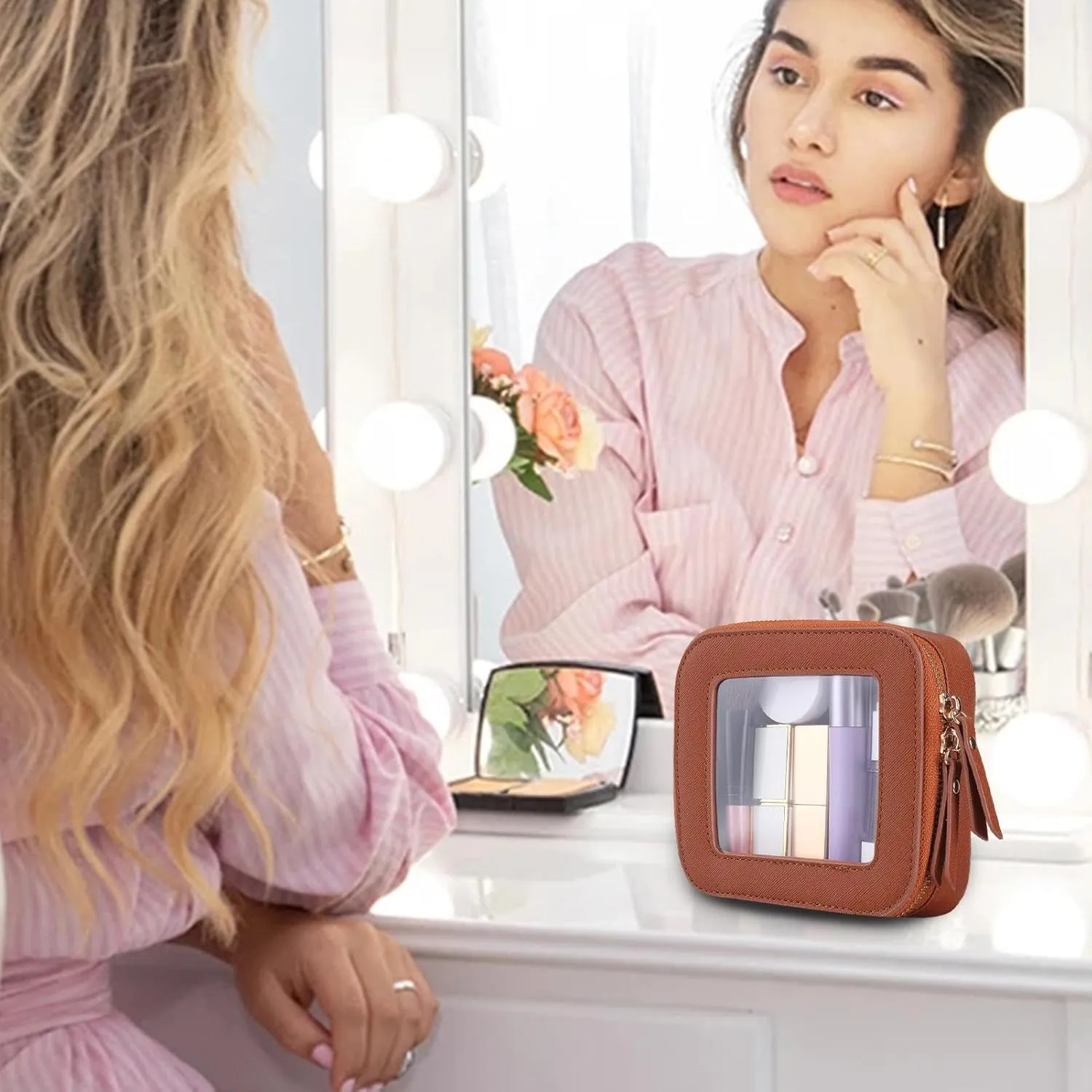 Travel Cosmetic Bag, Travel Make Up Bag, Zippered Portable Makeup Bag, Lightweight Storage Bags 5.04 x 4.92 x 2.28 Inches for Travelling, Home, Camping (Black, Pink, Beige, Light Brown)
