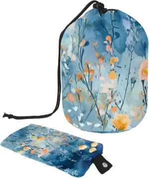 Travel Cosmetic Bags bucket Makeup Bag, Art Blue Watercolor Florals 2 Women Portable Foldable Cases, Multifunctional Toiletry Bucket Bags Round Organizer Storage