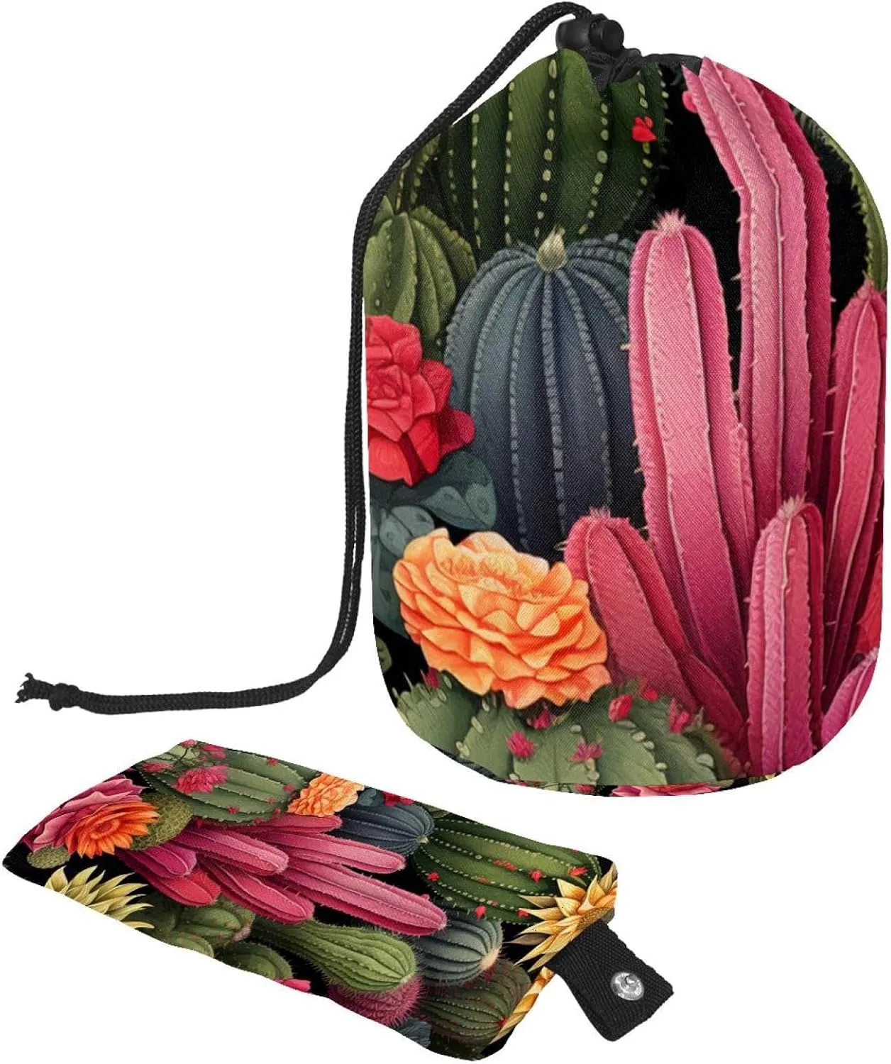 Travel Cosmetic Bags bucket Makeup Bag, Art Colorflu Plants Women Portable Foldable Cases, Multifunctional Toiletry Bucket Bags Round Organizer Storage