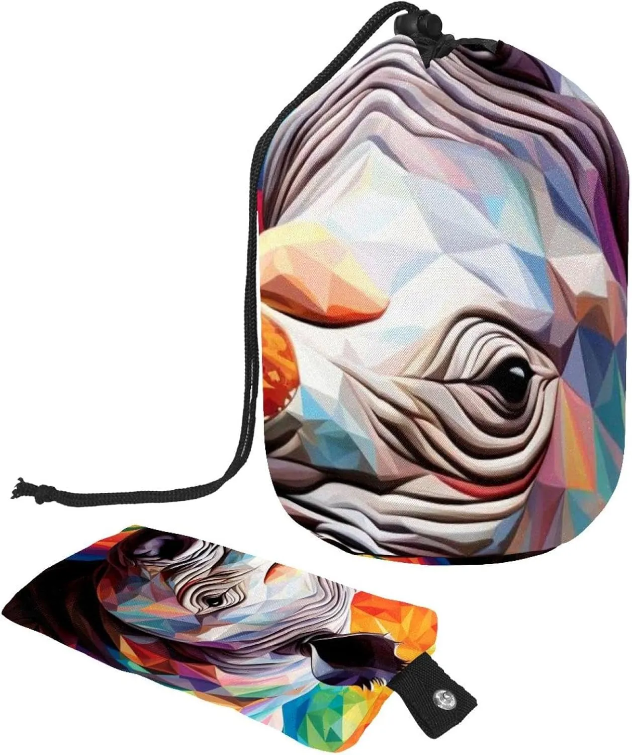 Travel Cosmetic Bags bucket Makeup Bag, Art Colorful Rhino 18 Women Portable Foldable Cases, Multifunctional Toiletry Bucket Bags Round Organizer Storage