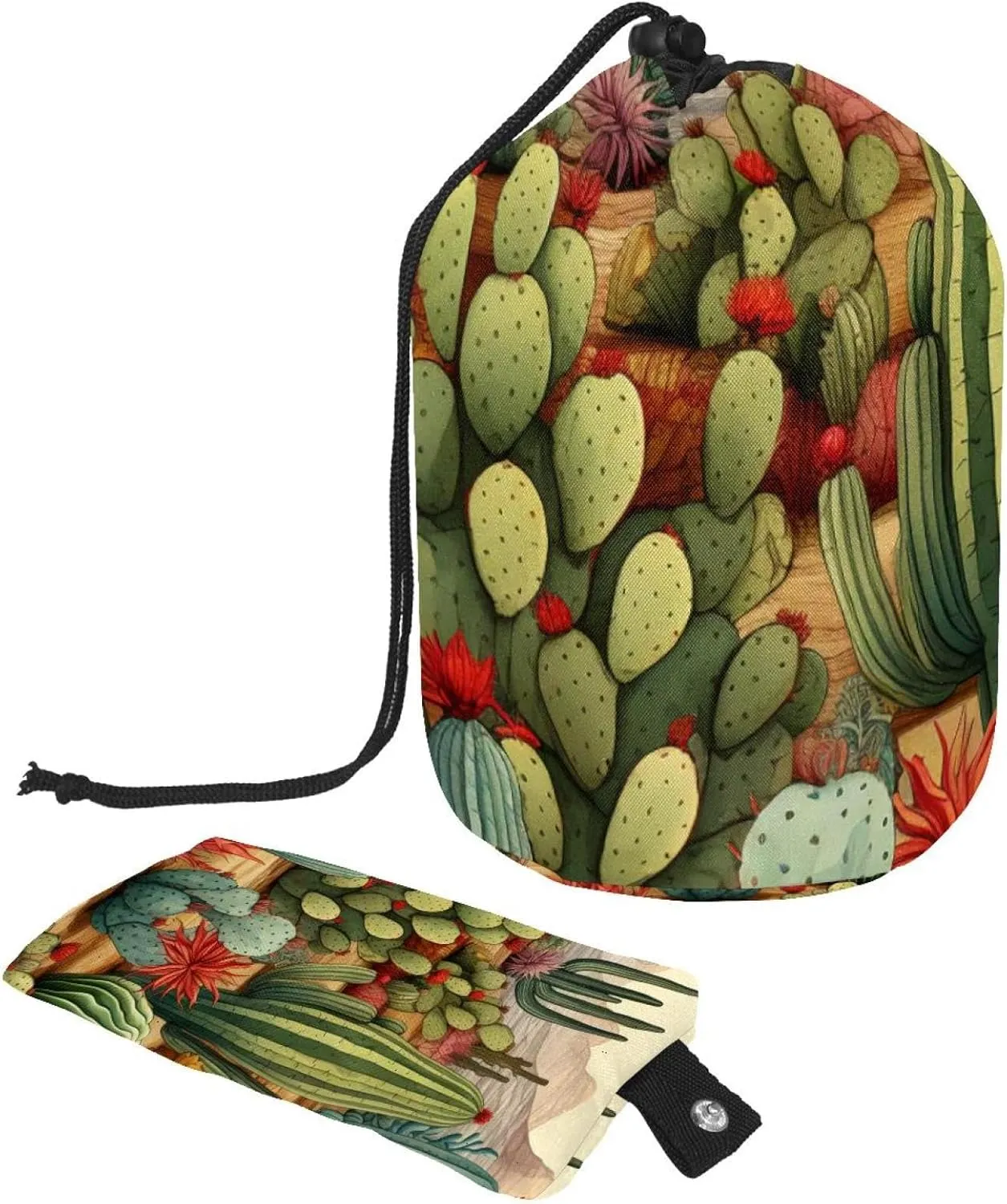 Travel Cosmetic Bags bucket Makeup Bag, Art Green Cactus Pattern Women Portable Foldable Cases, Multifunctional Toiletry Bucket Bags Round Organizer Storage