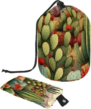 Travel Cosmetic Bags bucket Makeup Bag, Art Green Cactus Pattern Women Portable Foldable Cases, Multifunctional Toiletry Bucket Bags Round Organizer Storage
