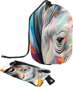 Travel Cosmetic Bags bucket Makeup Bag, Art Mosaic Rhino 2 Women Portable Foldable Cases, Multifunctional Toiletry Bucket Bags Round Organizer Storage