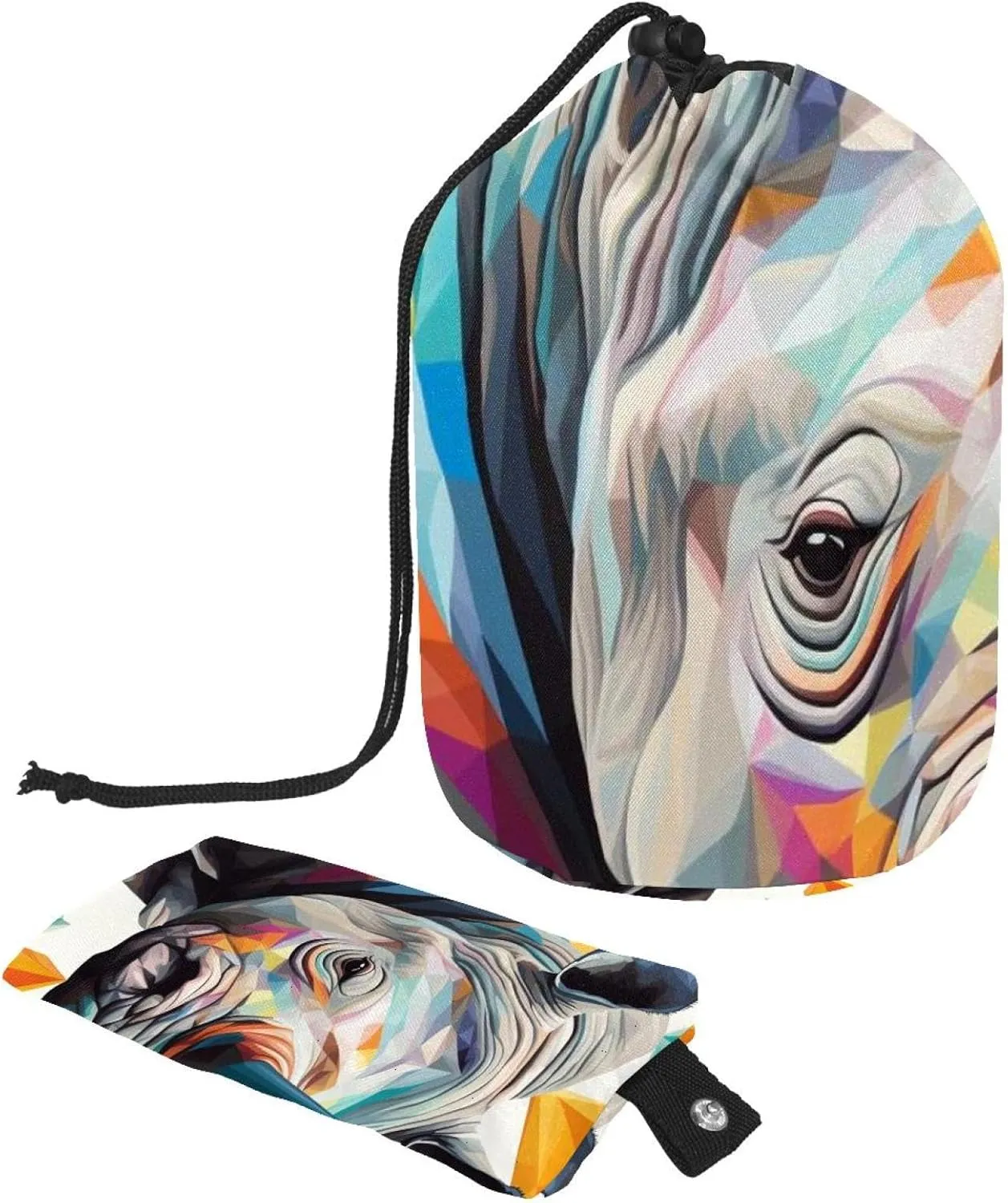 Travel Cosmetic Bags bucket Makeup Bag, Art Mosaic Rhino 2 Women Portable Foldable Cases, Multifunctional Toiletry Bucket Bags Round Organizer Storage