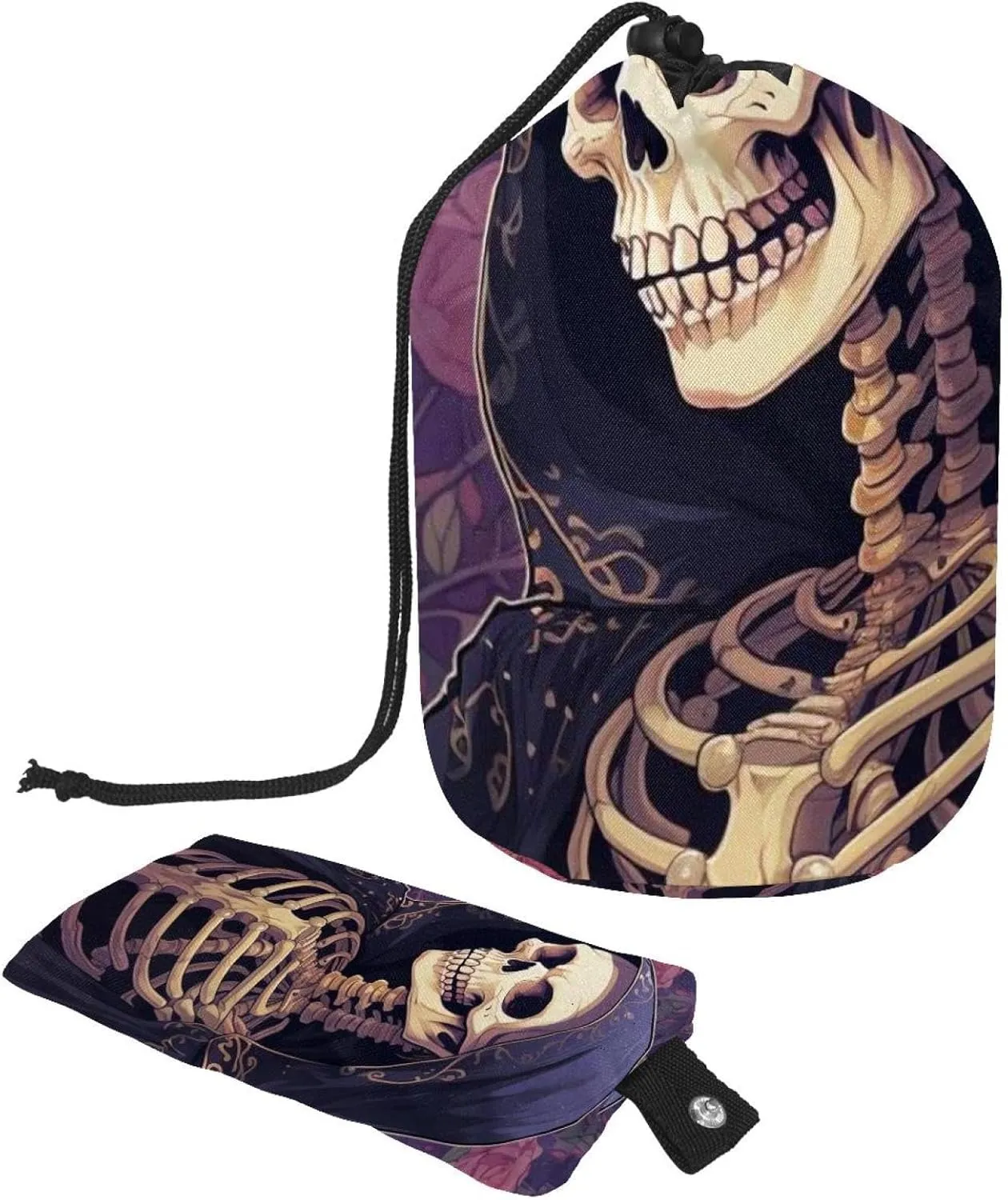 Travel Cosmetic Bags bucket Makeup Bag, Art Skull and Flowers Women Portable Foldable Cases, Multifunctional Toiletry Bucket Bags Round Organizer Storage