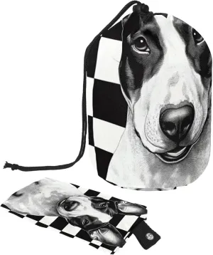 Travel Cosmetic Bags bucket Makeup Bag, Black White Dog Ckeckboard 38 Women Portable Foldable Cases, Multifunctional Toiletry Bucket Bags Round Organizer Storage