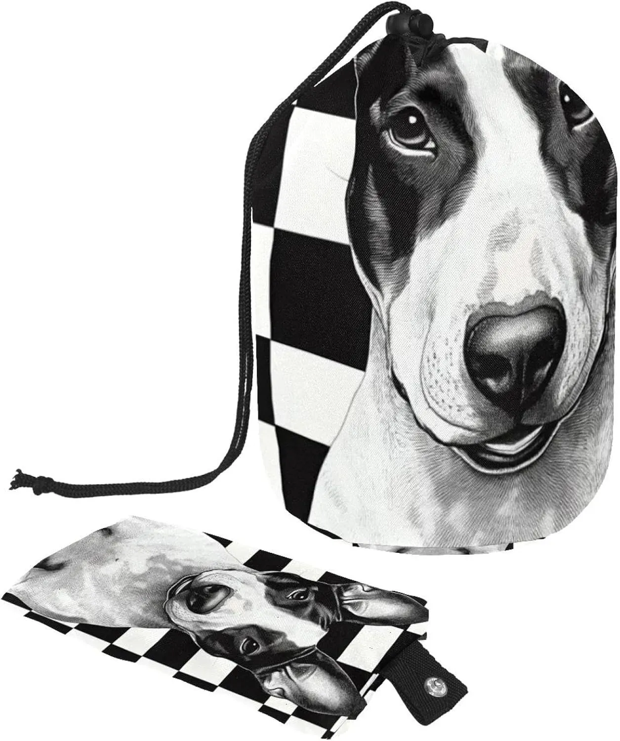 Travel Cosmetic Bags bucket Makeup Bag, Black White Dog Ckeckboard 38 Women Portable Foldable Cases, Multifunctional Toiletry Bucket Bags Round Organizer Storage