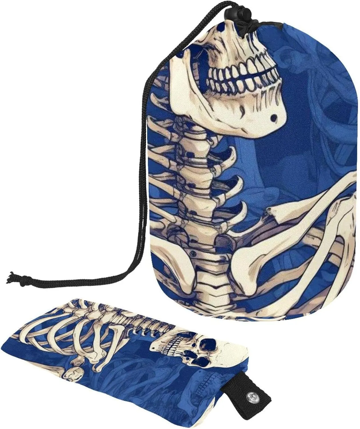 Travel Cosmetic Bags bucket Makeup Bag, Blue Cool Skull Women Portable Foldable Cases, Multifunctional Toiletry Bucket Bags Round Organizer Storage
