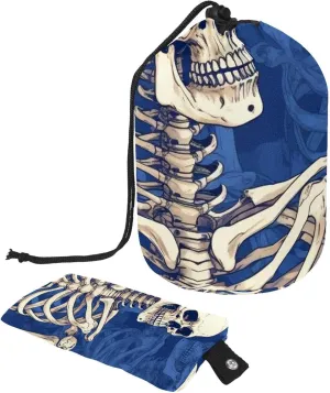 Travel Cosmetic Bags bucket Makeup Bag, Blue Cool Skull Women Portable Foldable Cases, Multifunctional Toiletry Bucket Bags Round Organizer Storage