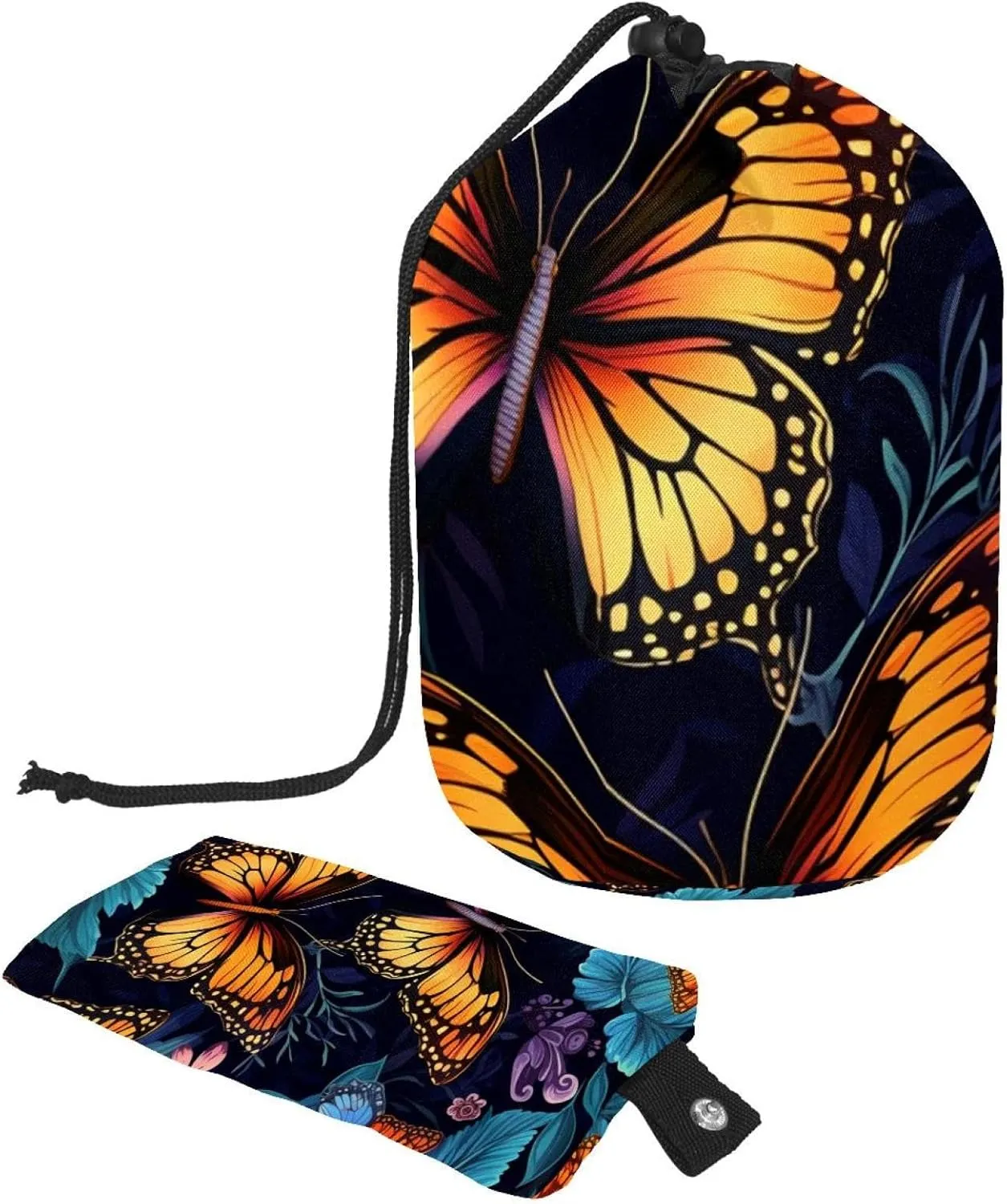 Travel Cosmetic Bags bucket Makeup Bag, Boho Flower Butterfly Women Portable Foldable Cases, Multifunctional Toiletry Bucket Bags Round Organizer Storage