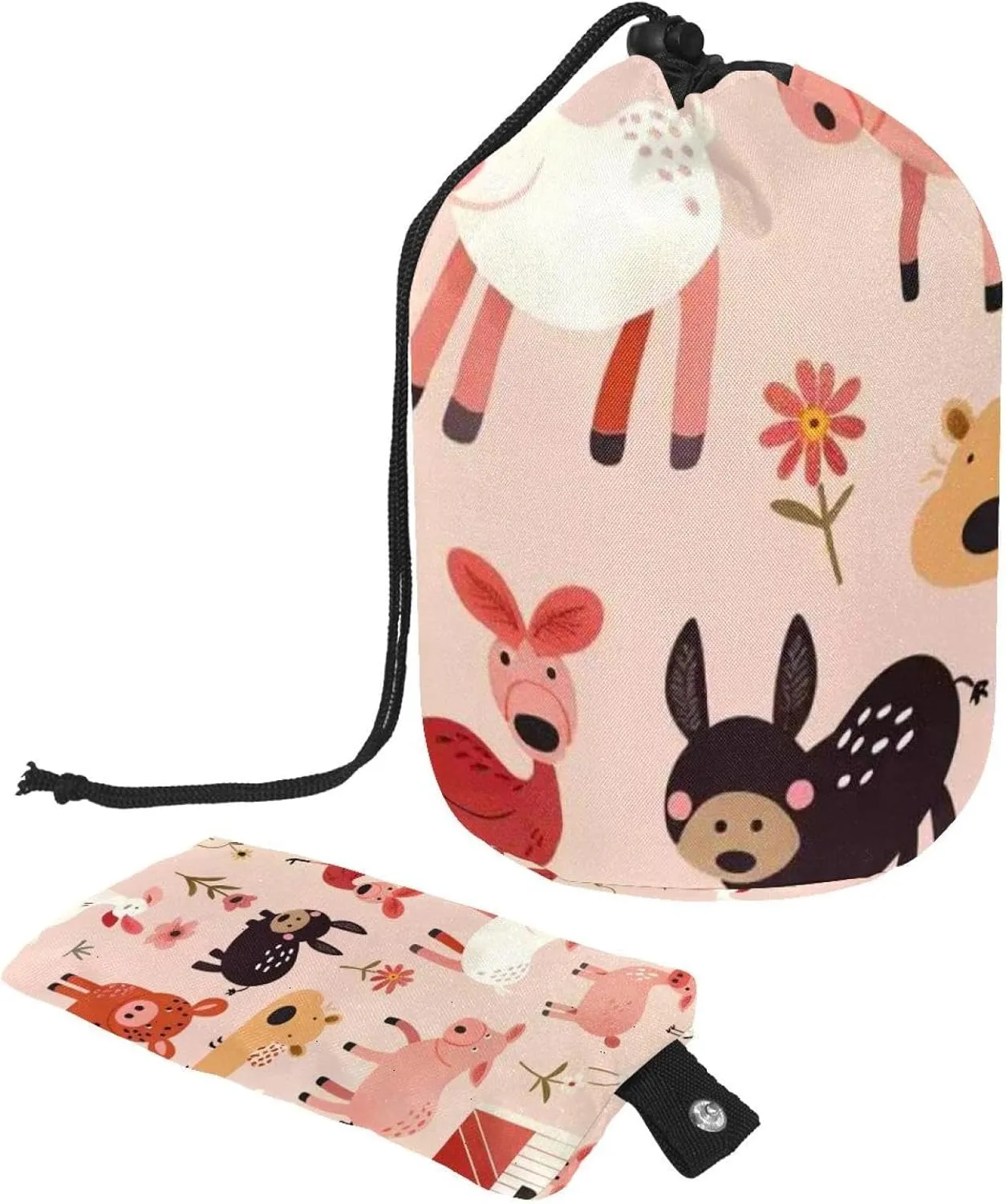 Travel Cosmetic Bags bucket Makeup Bag, Cute Pink Animal Farm 58 Women Portable Foldable Cases, Multifunctional Toiletry Bucket Bags Round Organizer Storage
