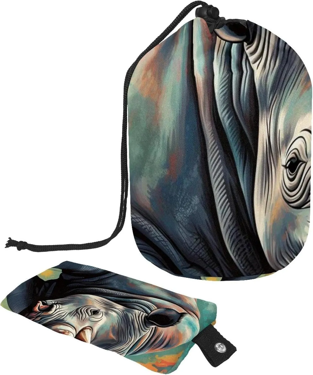 Travel Cosmetic Bags bucket Makeup Bag, Hand Drawn Animal Rhino 62 Women Portable Foldable Cases, Multifunctional Toiletry Bucket Bags Round Organizer Storage