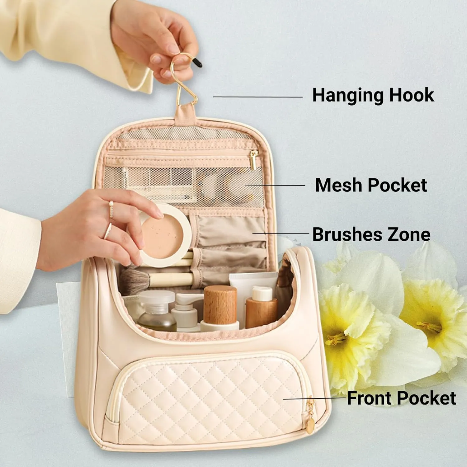 Travel Toiletry Bag, Waterproof Cosmetic Bag with Hanging Hook, Large Capacity Toiletries Bag, Makeup Bag for Traveling, Cosmetic Organizer Case for Women (Green)