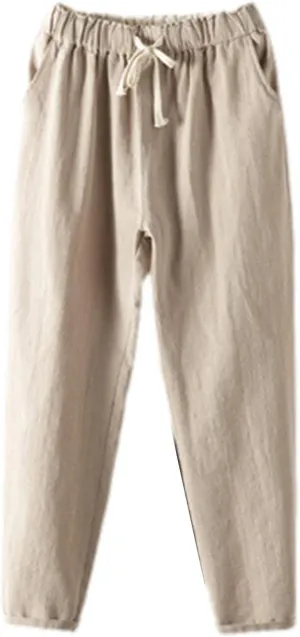 UIOKLMJH Spring Summer Women's Cotton Linen Casual Pants Loose Capri Pants Solid Color Ankle-Length Harem Pants