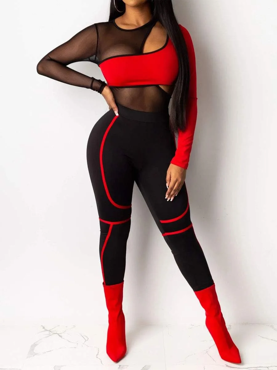 Uni Clau Women's Sheer Mesh Two Piece Jumpsuits See Through Long Sleeve Bodysuit Skinny Long Pants Club Romper