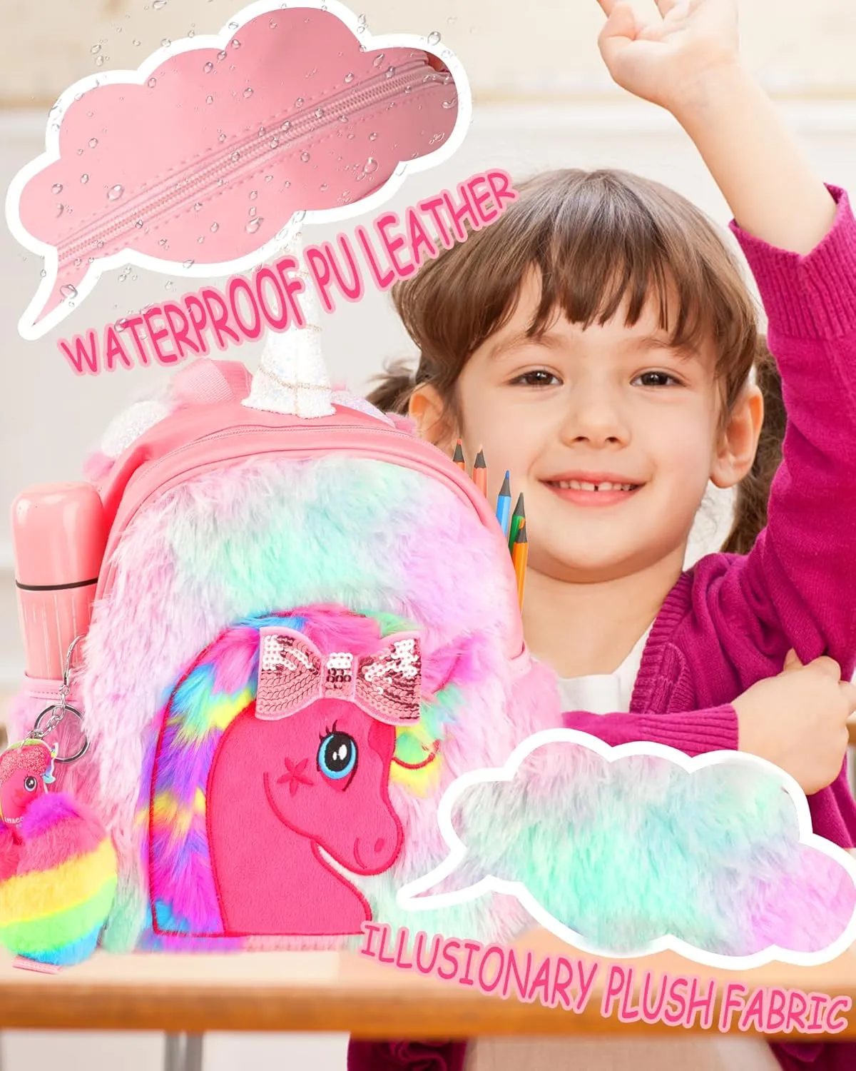 Unicorn Plush Backpack for Girls, Cute Soft PU Leather Toddler School Book Bag, Kawaii Fluffy Kids Backpacks.