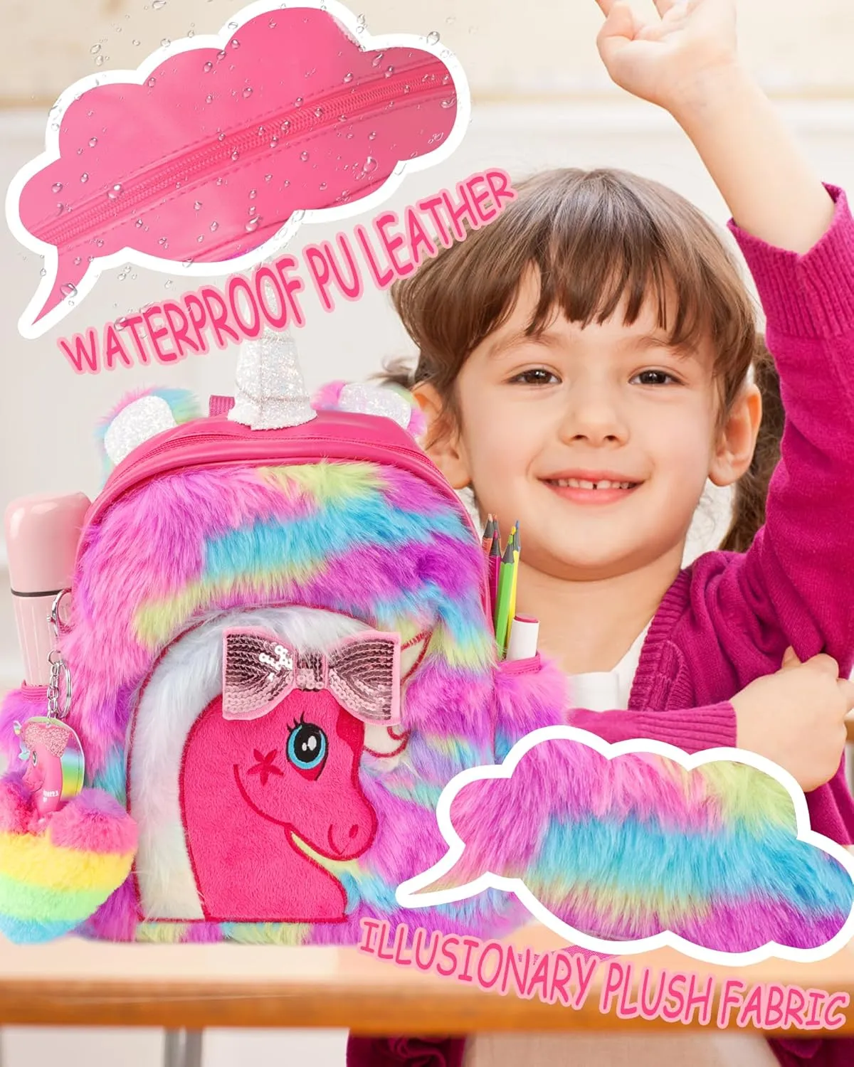 Unicorn Plush Backpack for Girls, Cute Soft PU Leather Toddler School Book Bag, Kawaii Fluffy Kids Backpacks.