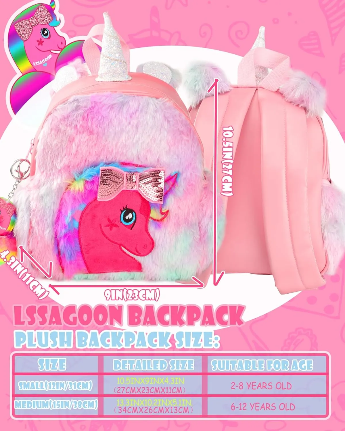 Unicorn Plush Backpack for Girls, Cute Soft PU Leather Toddler School Book Bag, Kawaii Fluffy Kids Backpacks.