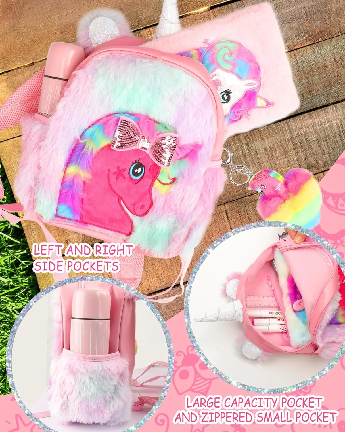 Unicorn Plush Backpack for Girls, Cute Soft PU Leather Toddler School Book Bag, Kawaii Fluffy Kids Backpacks.