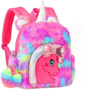Unicorn Plush Backpack for Girls, Cute Soft PU Leather Toddler School Book Bag, Kawaii Fluffy Kids Backpacks.