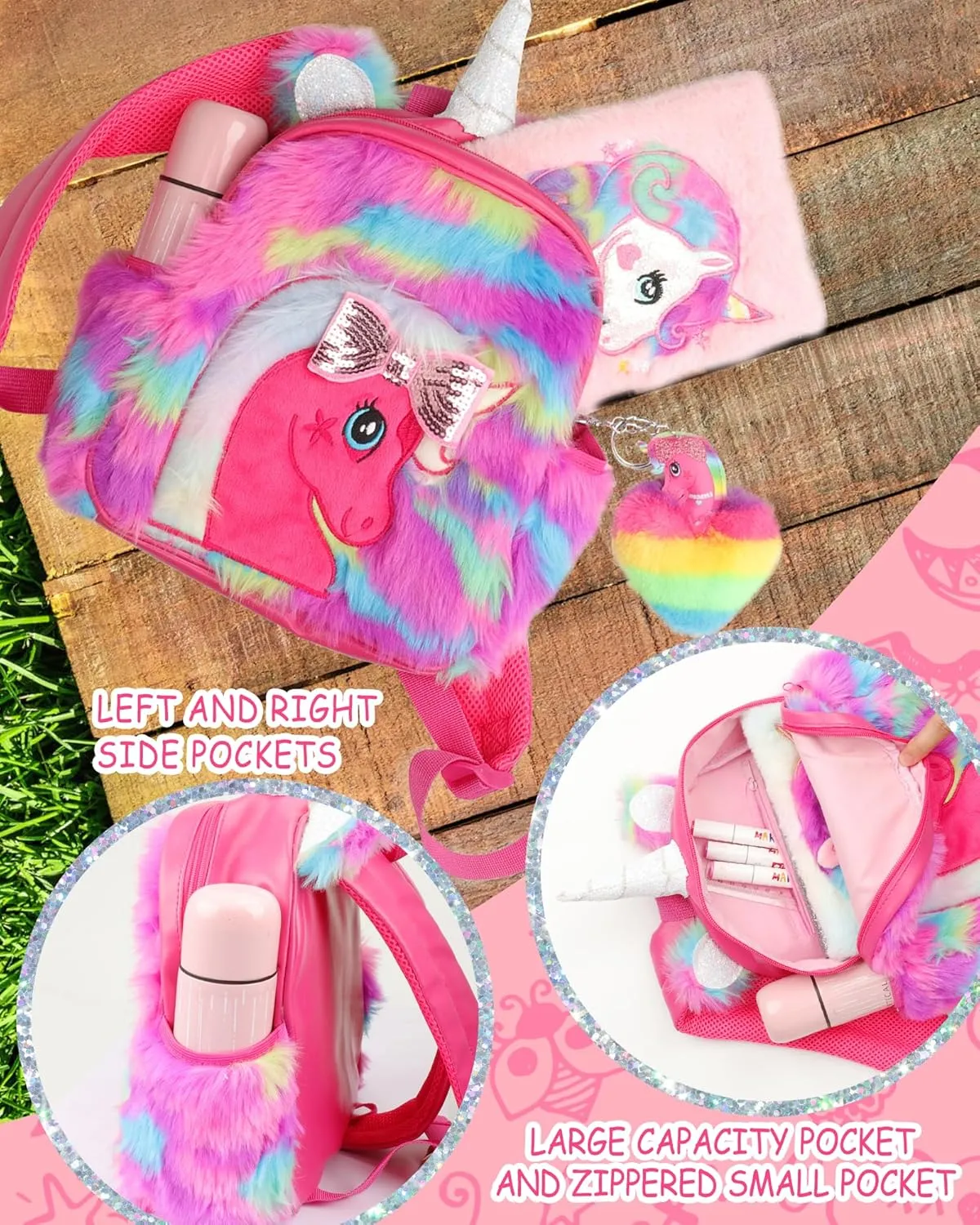 Unicorn Plush Backpack for Girls, Cute Soft PU Leather Toddler School Book Bag, Kawaii Fluffy Kids Backpacks.