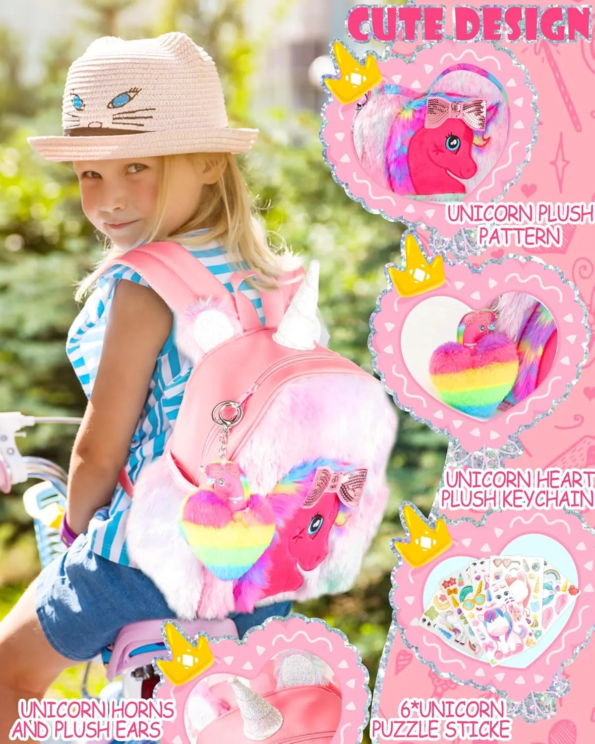 Unicorn Plush Backpack for Girls, Cute Soft PU Leather Toddler School Book Bag, Kawaii Fluffy Kids Backpacks.