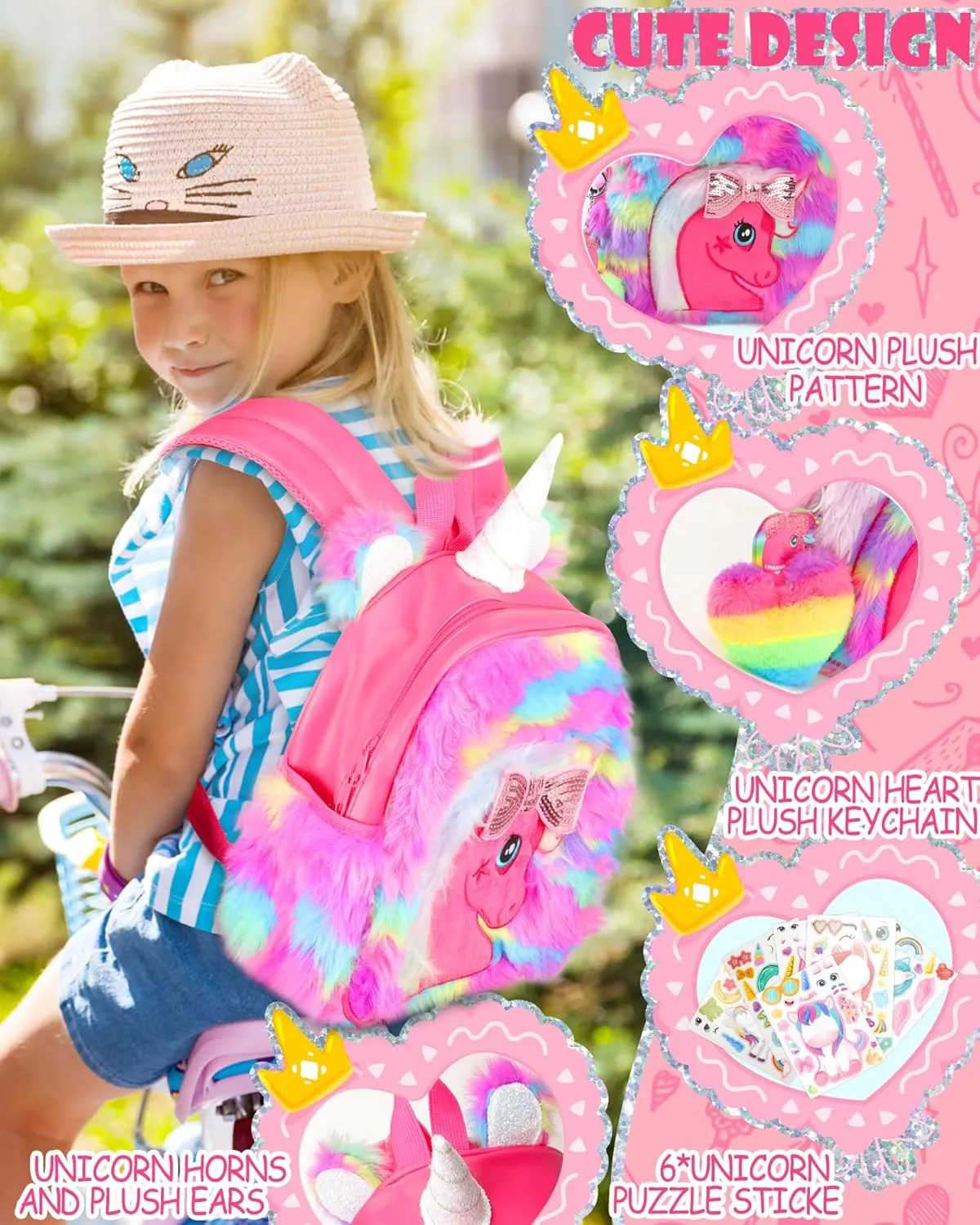 Unicorn Plush Backpack for Girls, Cute Soft PU Leather Toddler School Book Bag, Kawaii Fluffy Kids Backpacks.