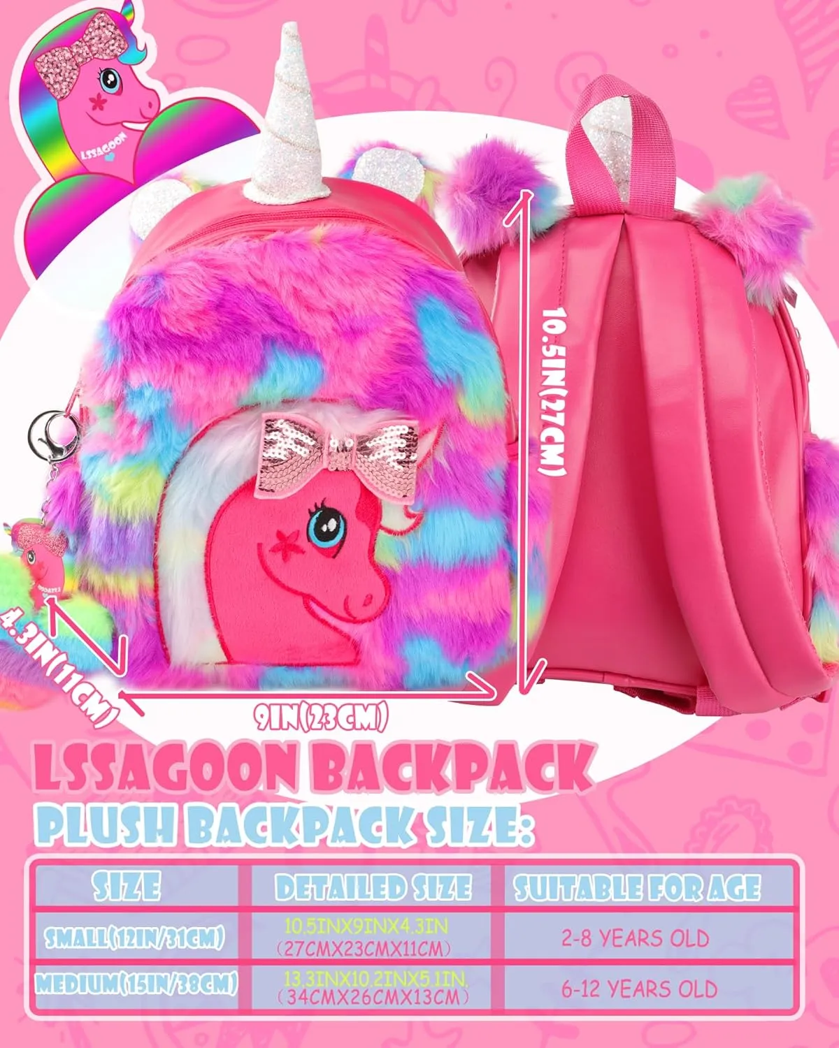 Unicorn Plush Backpack for Girls, Cute Soft PU Leather Toddler School Book Bag, Kawaii Fluffy Kids Backpacks.