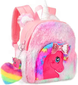 Unicorn Plush Backpack for Girls, Cute Soft PU Leather Toddler School Book Bag, Kawaii Fluffy Kids Backpacks.