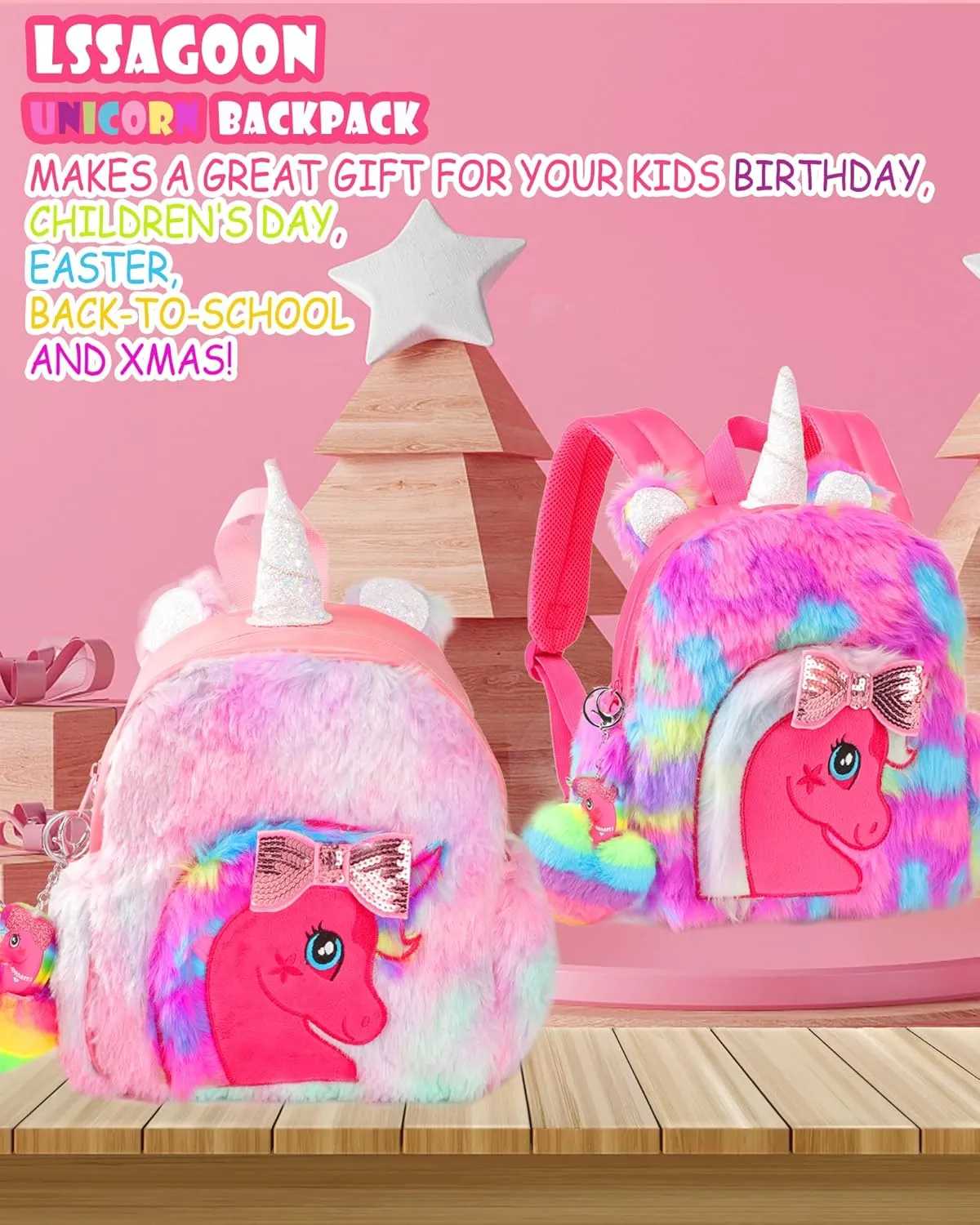 Unicorn Plush Backpack for Girls, Cute Soft PU Leather Toddler School Book Bag, Kawaii Fluffy Kids Backpacks.