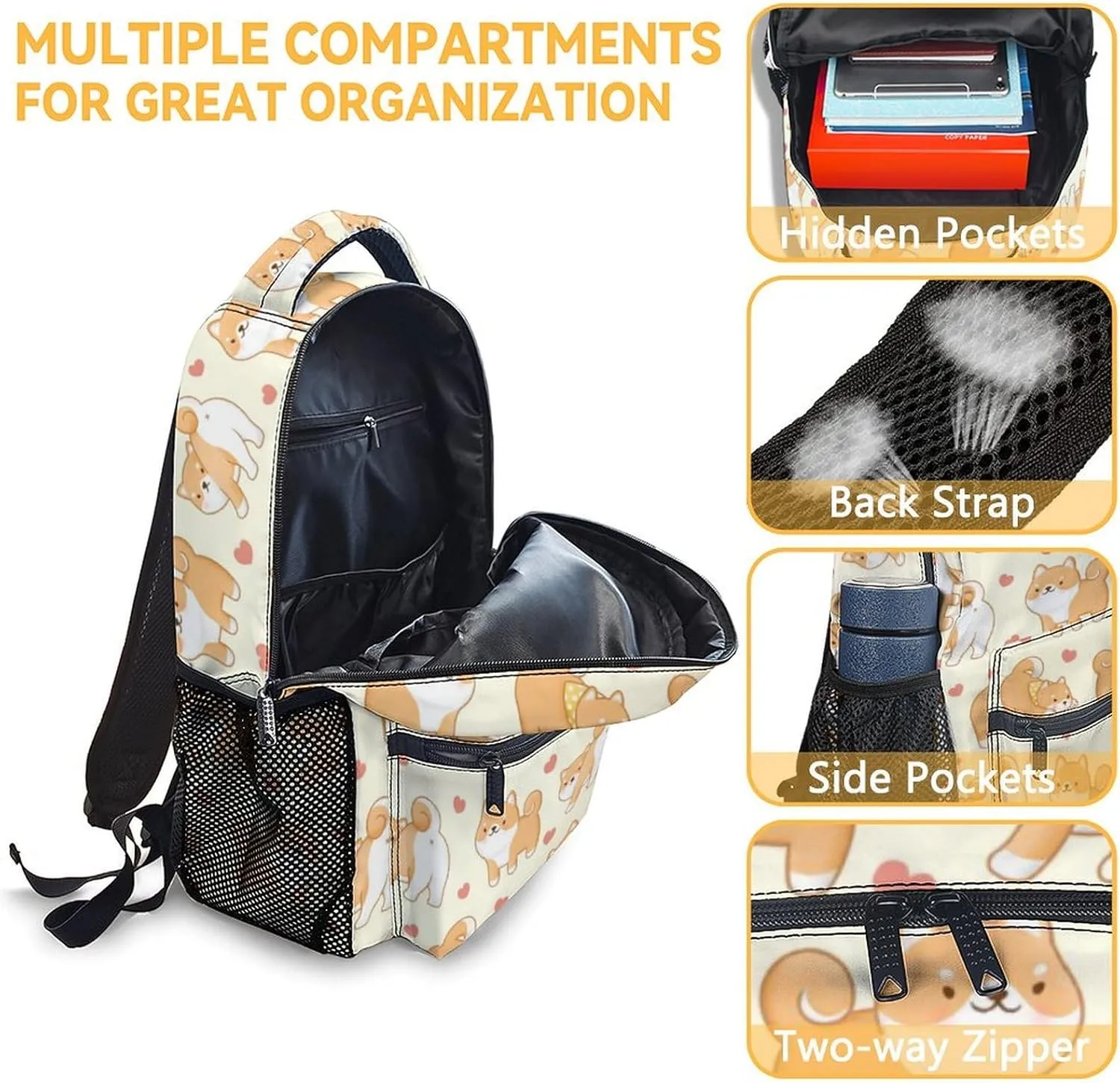 UNIKITTY Shiba Inu Backpack for Girls Boys, 16 Inch Yellow Dog theme Backpacks with Adjustable Straps, Cute, Large Capacity Bookbag for Kids School