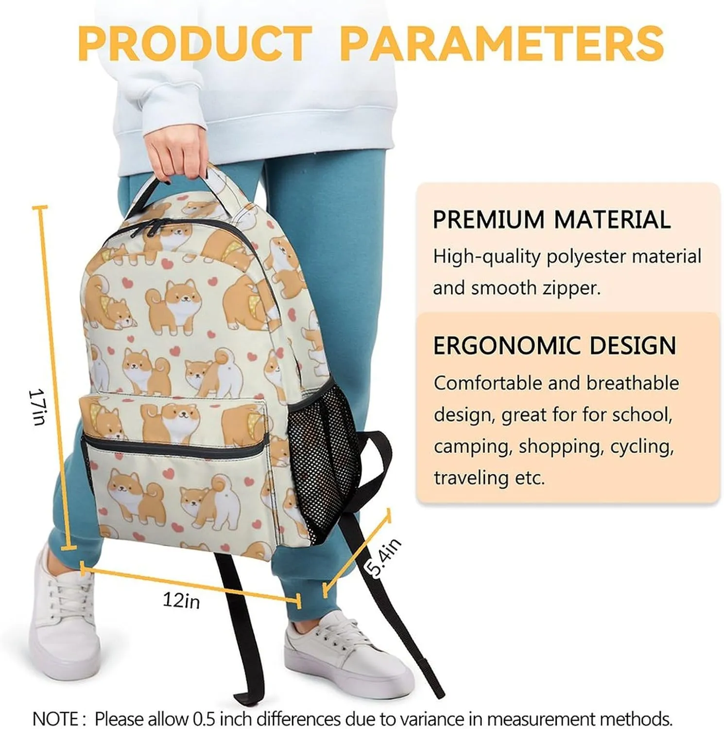 UNIKITTY Shiba Inu Backpack for Girls Boys, 16 Inch Yellow Dog theme Backpacks with Adjustable Straps, Cute, Large Capacity Bookbag for Kids School