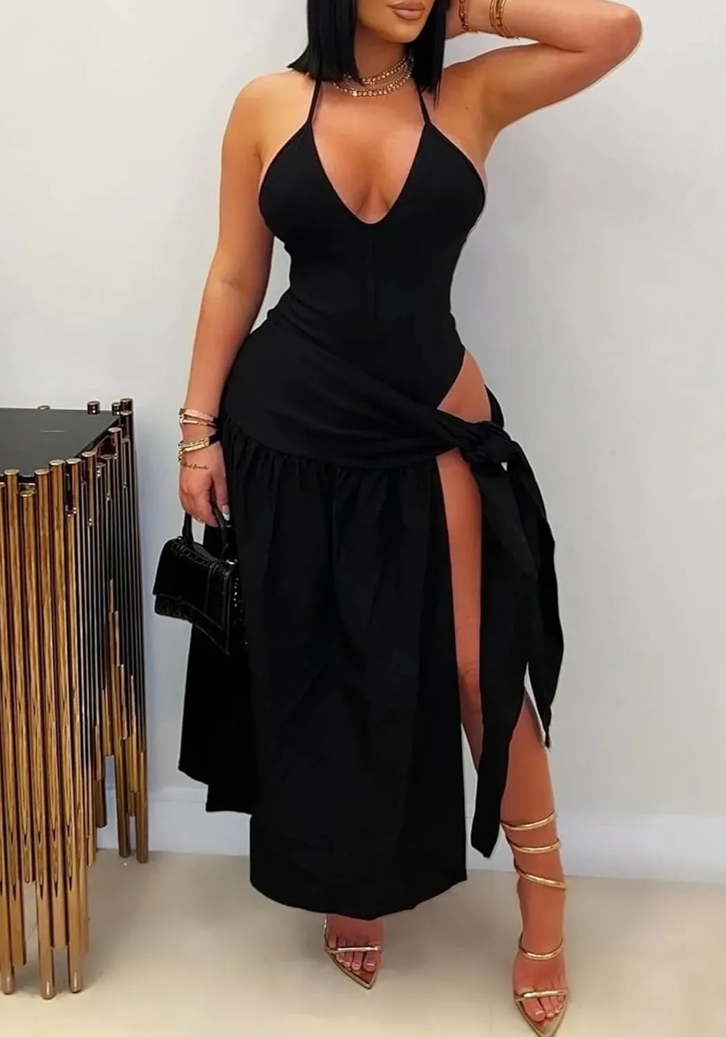 Unybwonn Women 2 Piece Maxi Skirt Sets Sexy Halter Thong Bodysuits Side Slit Maxi Skirt Set Beach Cover up Outfits