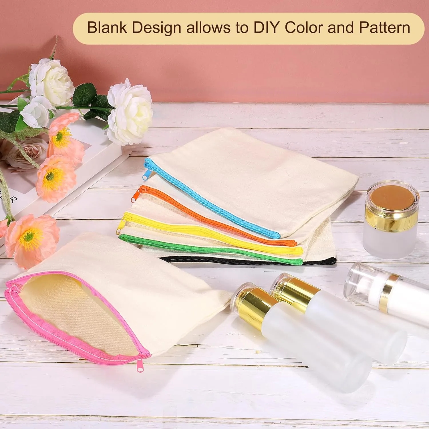 uxcell Canvas Makeup Bags, 12 Pcs Travel Cosmetic Bags Bulk, Multipurpose Blank Toiletry Zipper Pouches Blank DIY Craft Bags Pencil Bag for Women Teens, Black