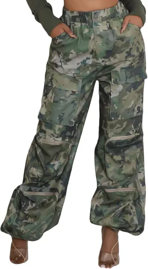 Vakkest Women's Camo Cargo Pants High Waist Slim Fit Trousers Camouflage Active Jogger Pocket Sweatpants with Belt