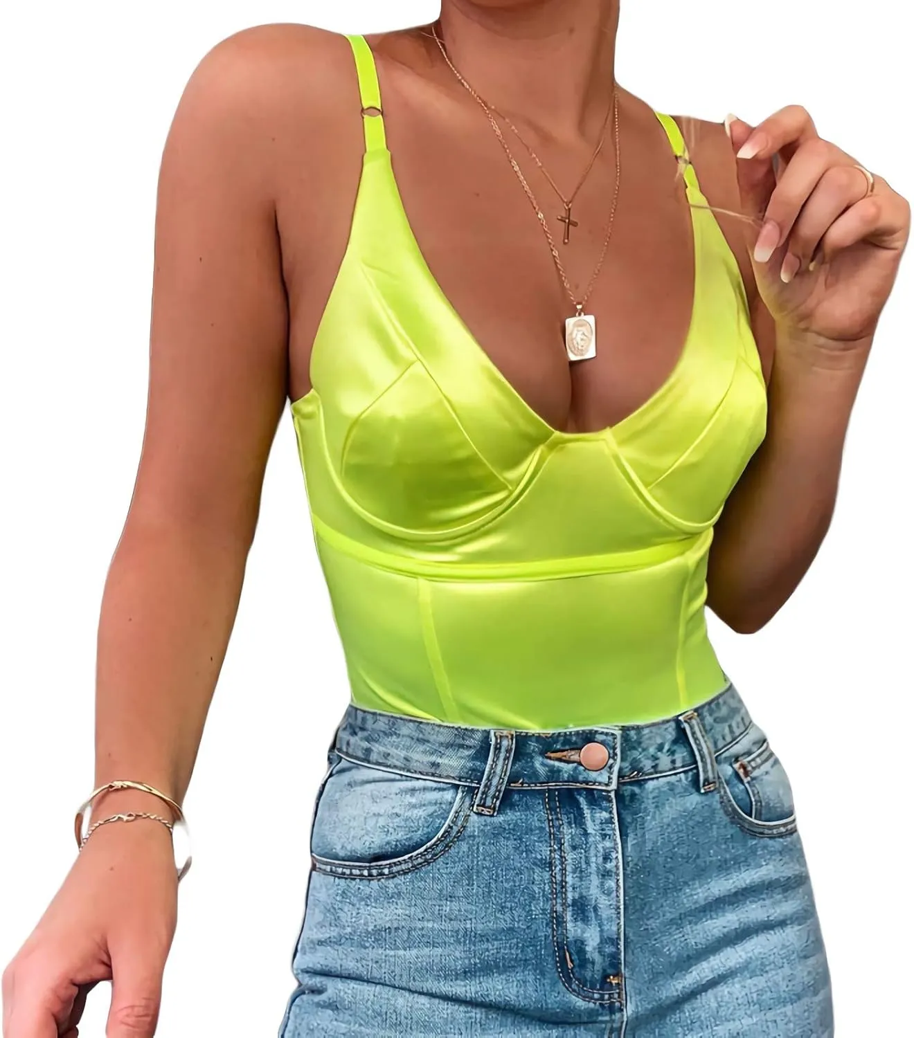 Velius Women's Sexy Metallic Shiny Bodysuit Tank Tops for Night Club Going Out