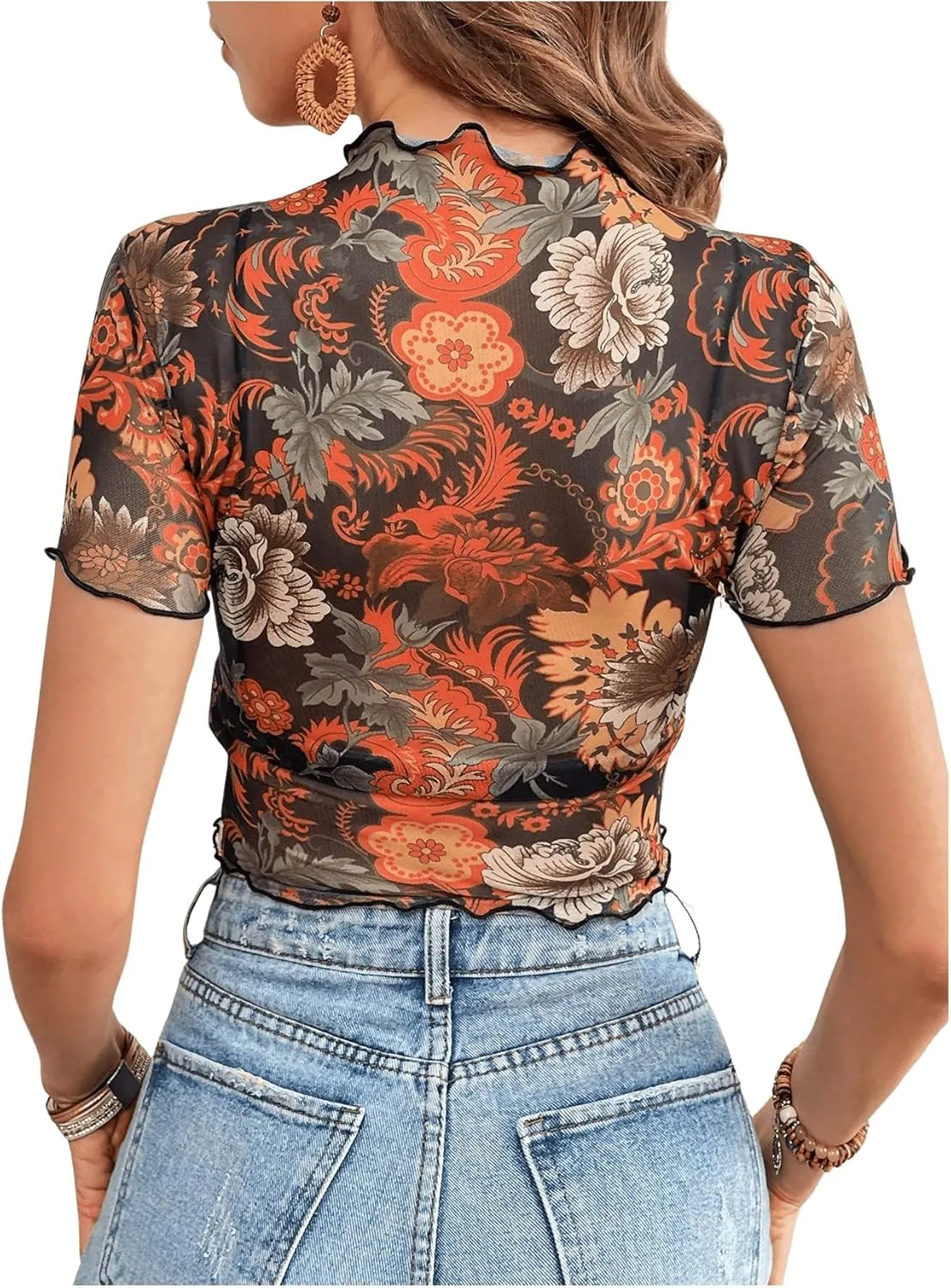 Verdusa Women's Boho Mock Neck Short Sleeve Floral Fitted Mesh T Shirt Tops