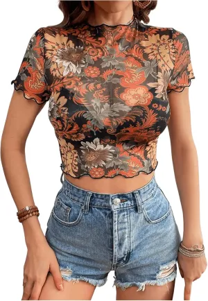 Verdusa Women's Boho Mock Neck Short Sleeve Floral Fitted Mesh T Shirt Tops