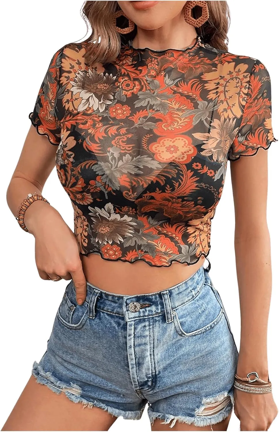 Verdusa Women's Boho Mock Neck Short Sleeve Floral Fitted Mesh T Shirt Tops