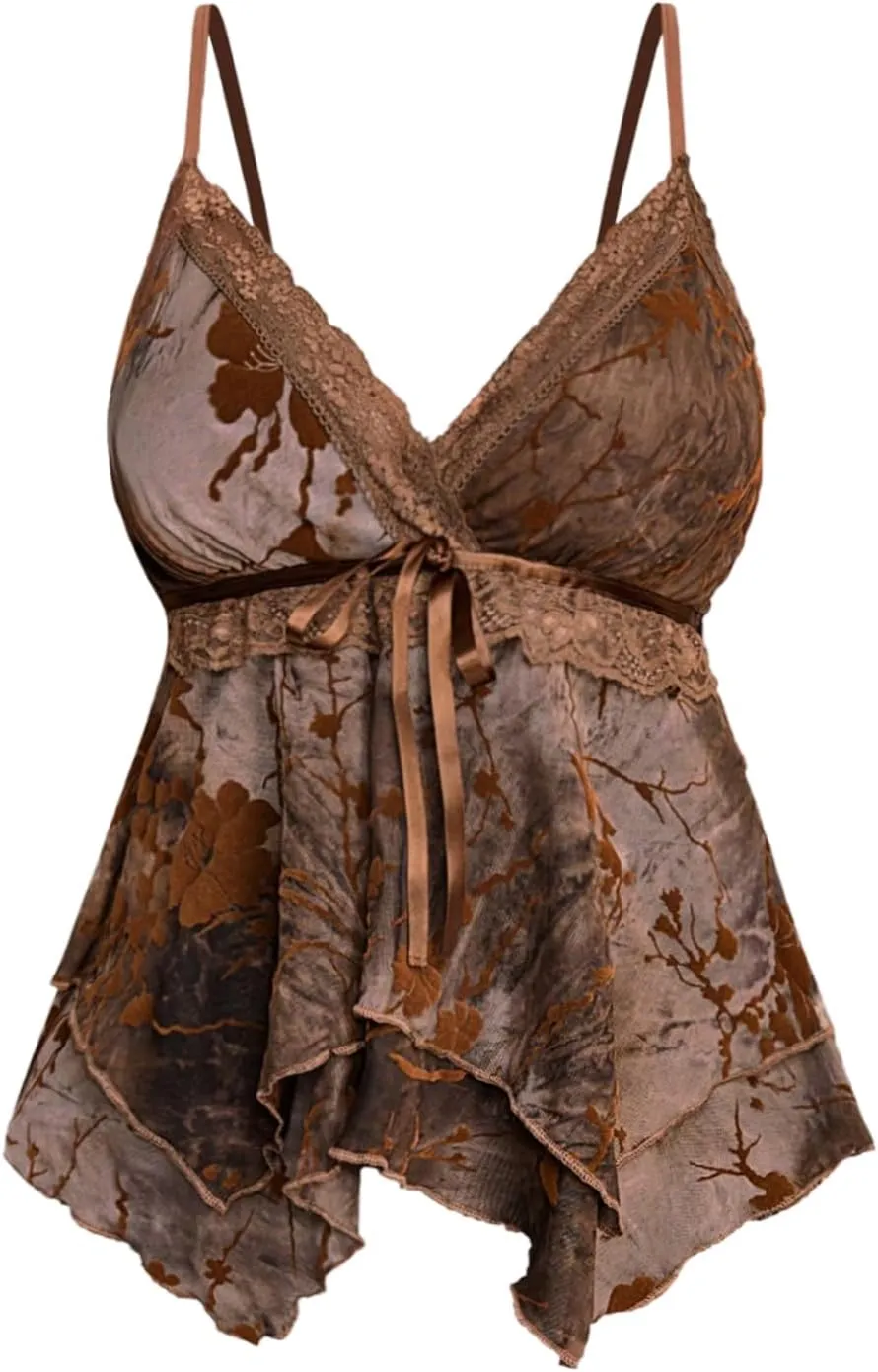 Verdusa Women's Lace Floral Babydoll Ruffle Flowy Camisole Bow V Neck Backless Peplum Tops