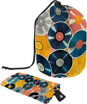 Vintage Colorful Vinyl Record Travel Cosmetic Bags Makeup Bag for Women, Foldable Drawstring Travel Cosmetic Bags, Portable Toiletry Bucket Bag