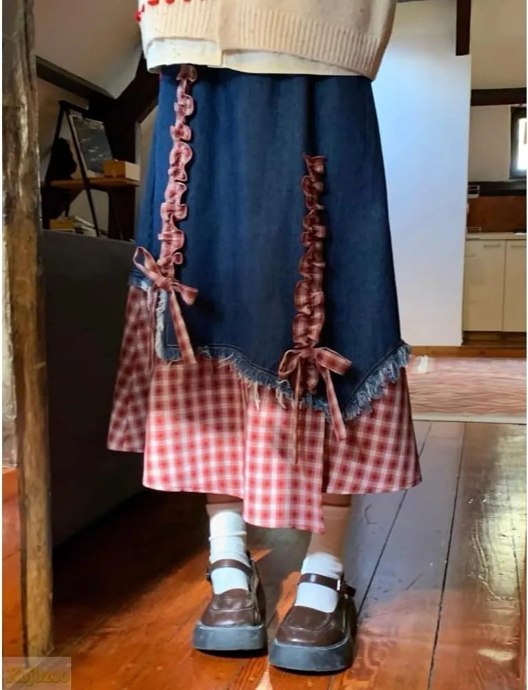 Vintage Red Checkered Denim Skirt High Waisted with Bow Tie Y2K Stretch Women's Casual All-Season Skirt