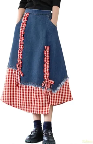 Vintage Red Checkered Denim Skirt High Waisted with Bow Tie Y2K Stretch Women's Casual All-Season Skirt
