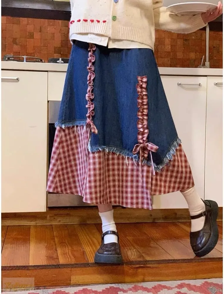 Vintage Red Checkered Denim Skirt High Waisted with Bow Tie Y2K Stretch Women's Casual All-Season Skirt