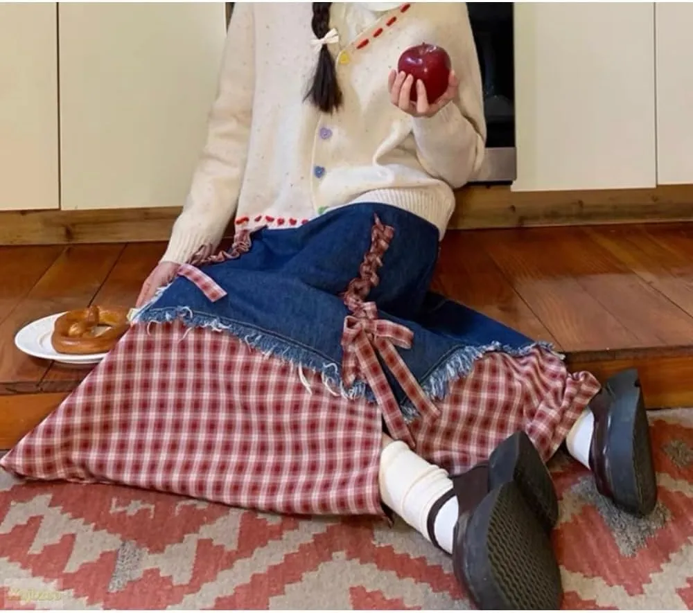 Vintage Red Checkered Denim Skirt High Waisted with Bow Tie Y2K Stretch Women's Casual All-Season Skirt