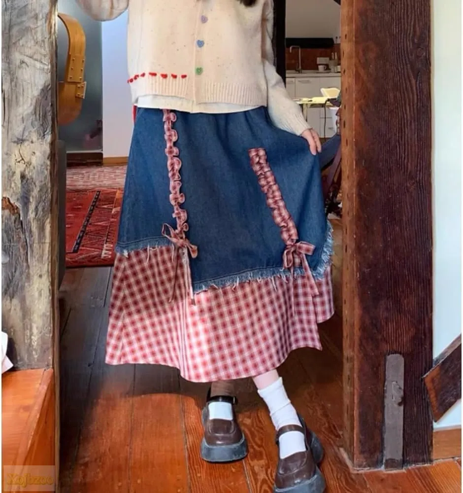 Vintage Red Checkered Denim Skirt High Waisted with Bow Tie Y2K Stretch Women's Casual All-Season Skirt