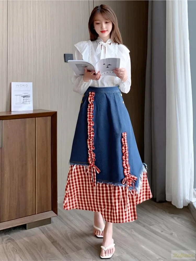 Vintage Red Checkered Denim Skirt High Waisted with Bow Tie Y2K Stretch Women's Casual All-Season Skirt