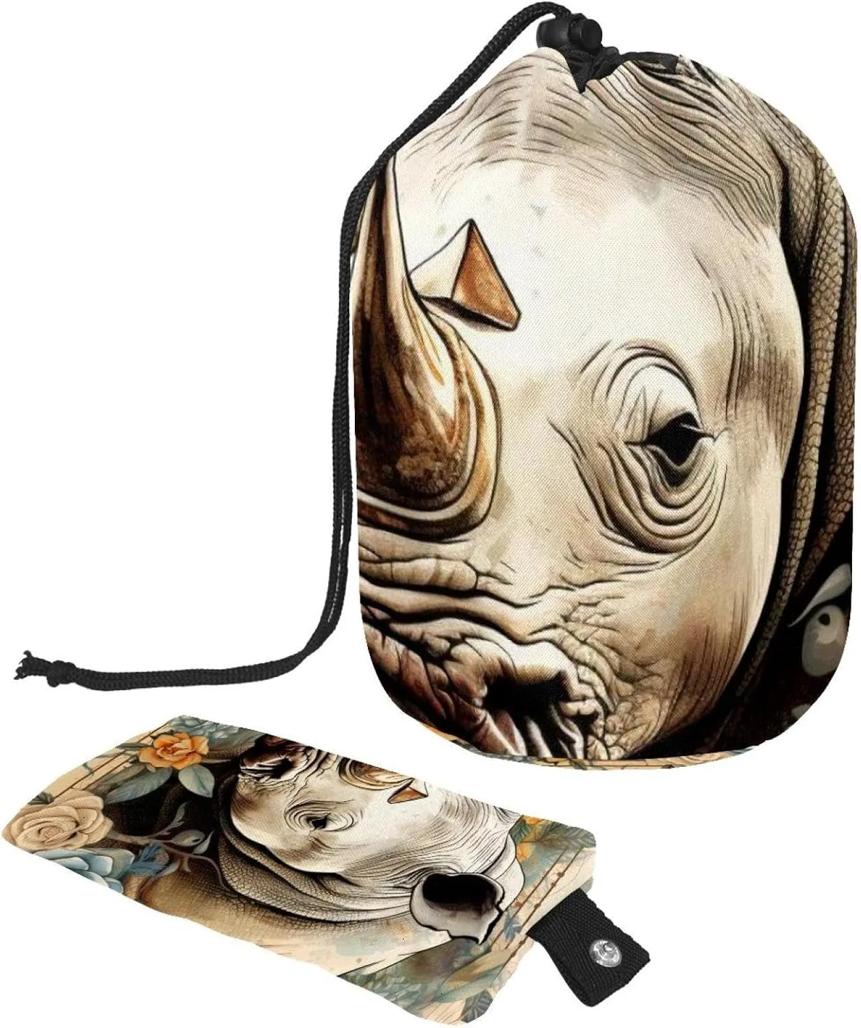 Vintage Rhino 61 Travel Cosmetic Bags Makeup Bag for Women, Foldable Drawstring Travel Cosmetic Bags, Portable Toiletry Bucket Bag